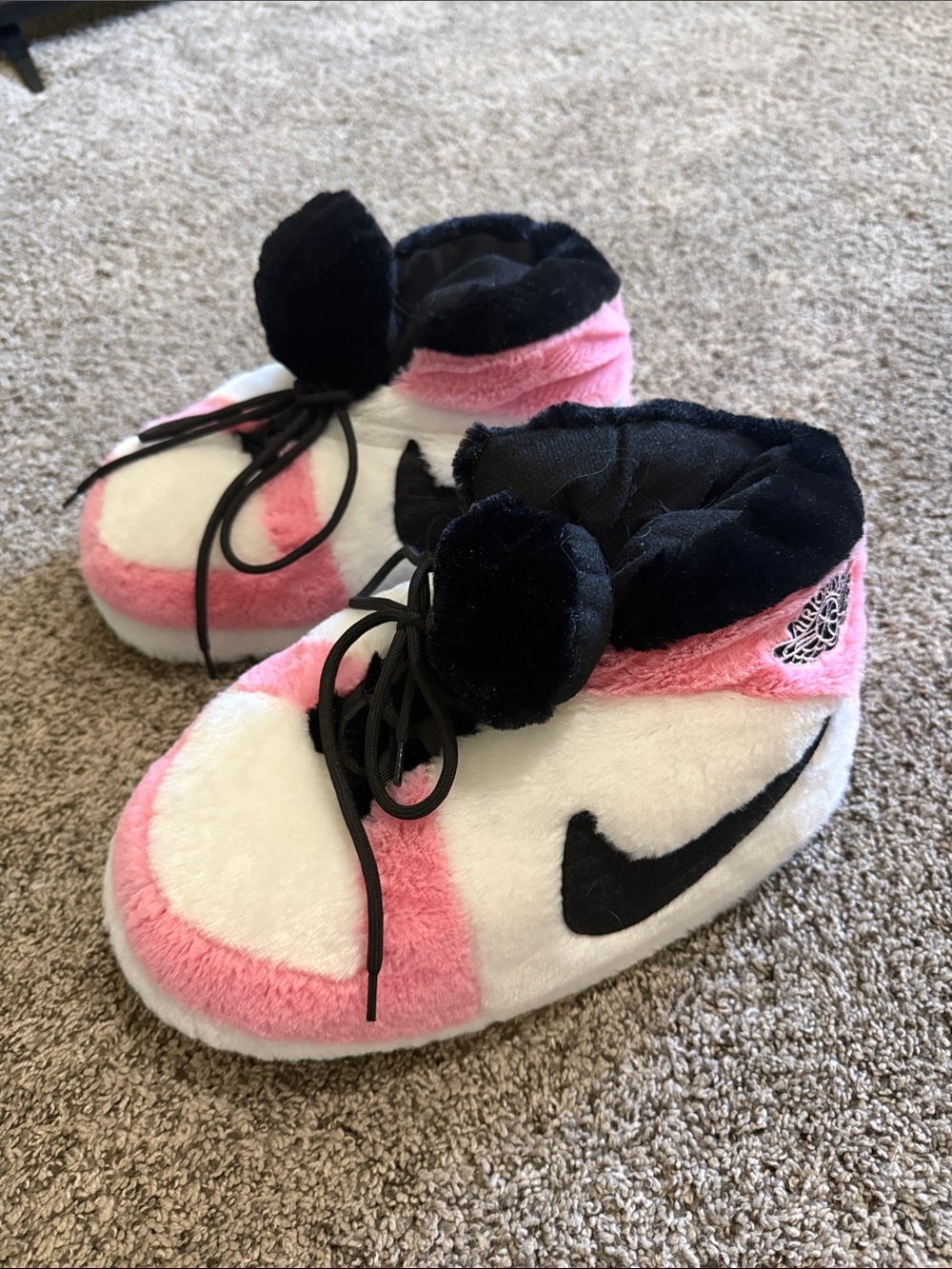 Nike Pink Black White Plush Cozy Slippers